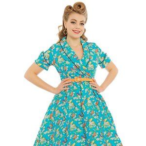 Lindy Bop Courtney Teal Blossom Bird dress